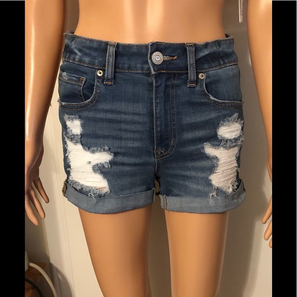 Distressed Stretchy High-Rise Denim Midi Shorts